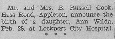 Birth Announcement - Ann Wilda Cook