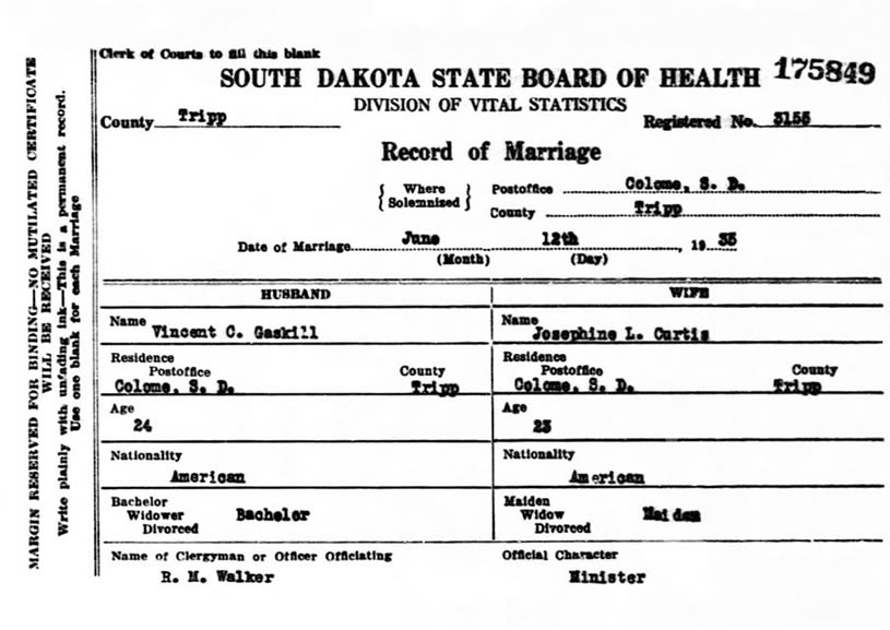 Marriage Record - Vincent Challand Gaskill and Josephine Licille Curtis