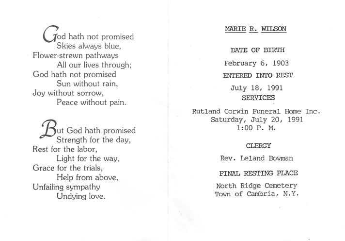 Funeral Card for Marie Ruth Wilson