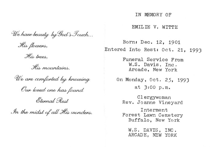 Funeral Card - Viah "Emilie" (Wilson) Witte