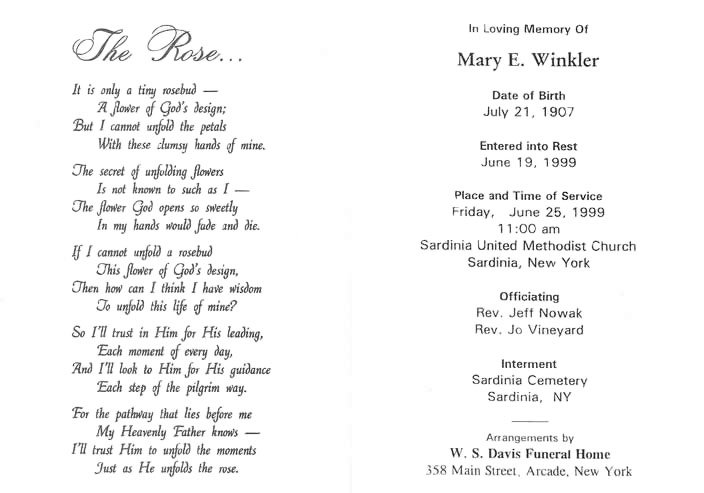 Funeral Card for Mary E (Wilson) Winkler