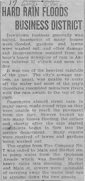 Clipping about 18 Aug 1921 rainstorm in Akron, Ohio