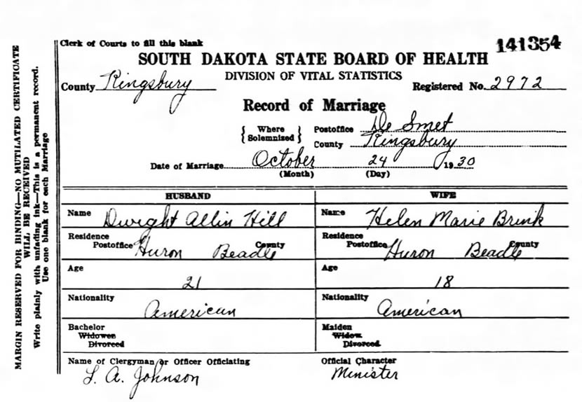 Marriage Record for Dwight Allin Hill and Helen Frances Brink